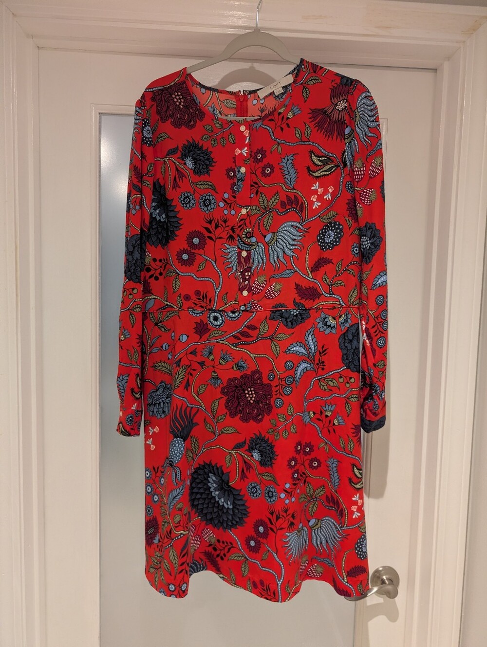 LOFT Red Long Sleeved Dress With Florals